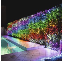 Gartenhecke mit farbiger Lichterkette neben einem Pool