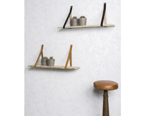 Zwei Holzregale mit Lederbändern und Kakteen auf einem Hocker