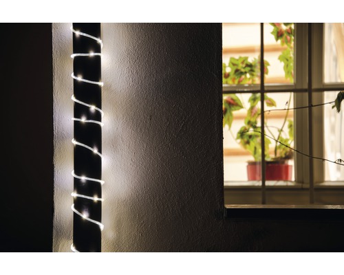 Dekorative Lichterkette um einen Pfosten gewickelt, Zimmerpflanze im Fenster sichtbar.