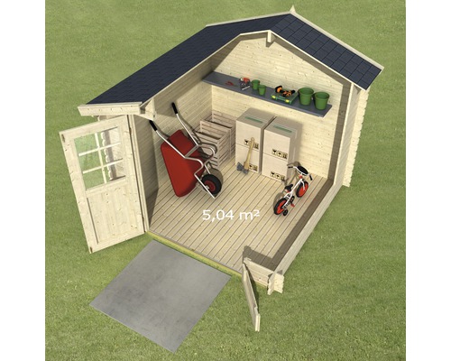 Gartenhaus mit geöffneter Tür, Regal und Gartengeräten