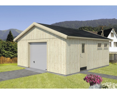Garage Nordic+ Andre 28,5 m² inkl. Sektionaltor 603 x 622 cm natur Holzgarage mit Garagentor, Tür und Fenstern im Garten
