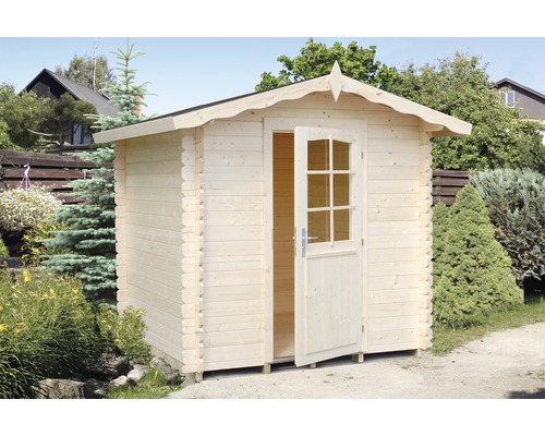 Gartenhaus Palmako Vivian 3,8 m² inkl. Fußboden 254 x 240 cm natur Holzgartenhaus mit geöffneter Tür im Garten