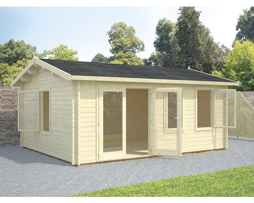 Gartenhaus Palmako Iris 19,1 m² inkl. Fußboden 574 x 448 cm natur Holzgartenhaus mit Fenstern und geöffneter Tür