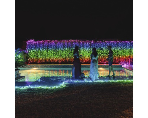 Gartenparty mit Teich und beleuchteter Hecke