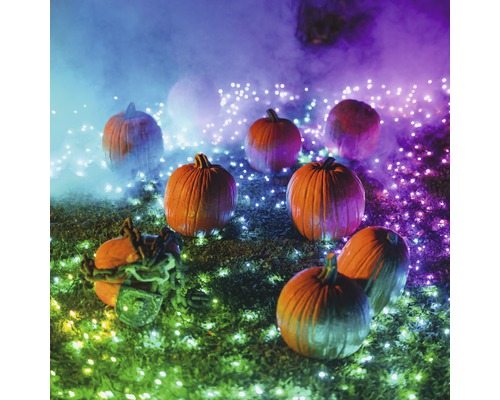 Szene mit mehreren Kürbissen und Lichterketten für Halloween Dekoration