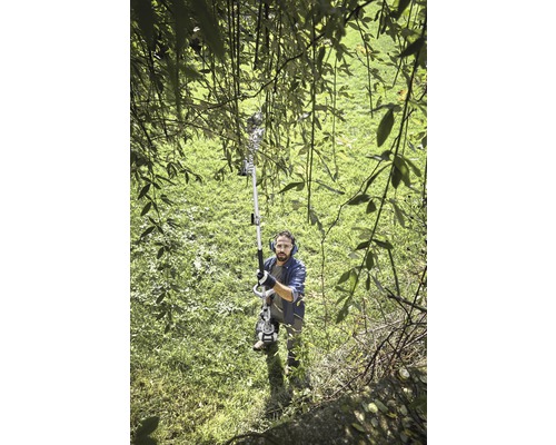 Mann bedient Hochentaster im Garten.