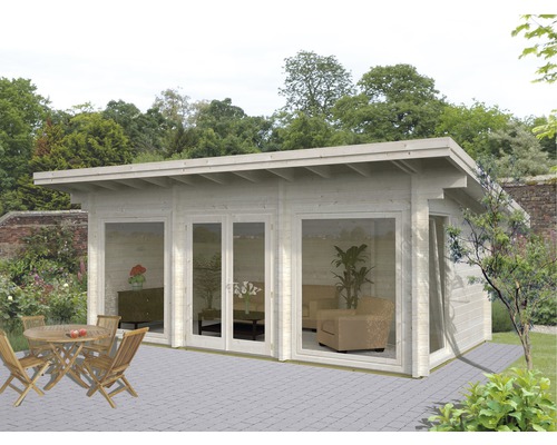 Gartenhaus Palmako Heidi 19,7 m² inkl. Fußboden 748 x 450 cm natur Gartenhaus mit großen Fenstern, Holztisch und Stühlen im Garten