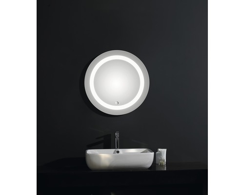 Modernes Badezimmer mit rundem Spiegel und Aufsatzwaschbecken