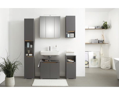 Modernes Badezimmer mit grauen Möbeln, Spiegelschrank und Stauraum