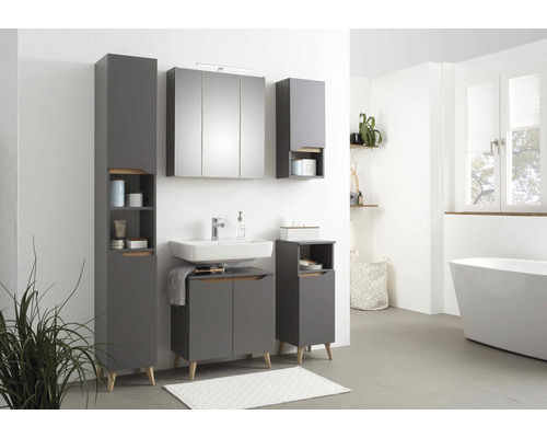 Modernes Badezimmer mit Waschbecken, Spiegelschrank und grauen Badmöbeln