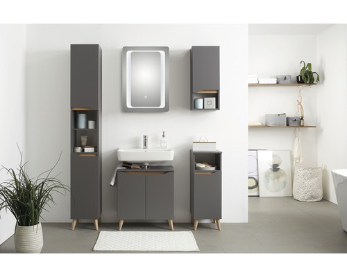 Badezimmer mit Waschbecken, Spiegelschrank und Badezimmermöbeln in Grau