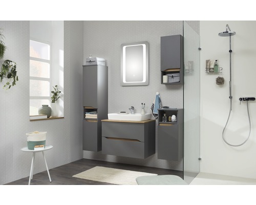 Modernes Badezimmer mit grauen Badmöbeln, Waschtisch, Spiegelschrank und Dusche.