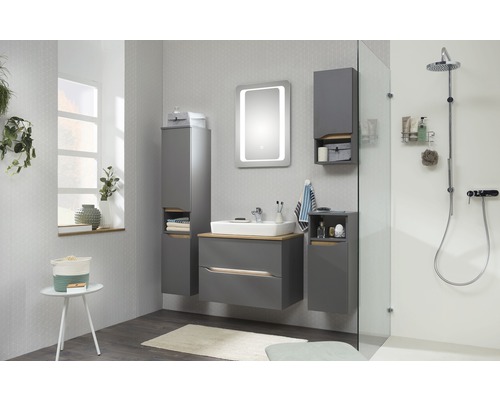Badezimmer mit Waschbeckenunterschrank, Spiegelschrank mit Beleuchtung, Hochschrank und Dusche.