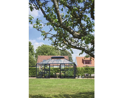 Gewächshaus im Garten mit Rasenfläche und Bäumen