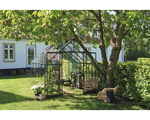 Gewächshaus im Garten mit Gartenmöbeln und Pflanzen