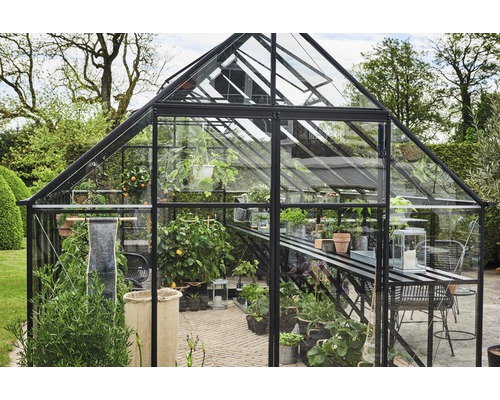 Gewächshaus mit Pflanzen und Gartenmöbeln im Außenbereich