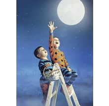 Zwei Kinder auf einer Leiter versuchen, den Mond zu erreichen, mit Sternen im Hintergrund