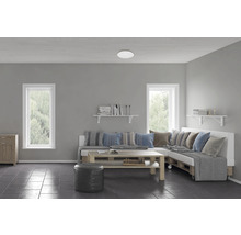 Wohnzimmer mit Sofa aus Paletten, Holztisch und runder Deckenleuchte