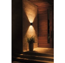 Außenansicht eines Hauses mit einer modernen Wandleuchte, die nach oben und unten strahlt, neben einer Holztür und einer Topfpflanze.