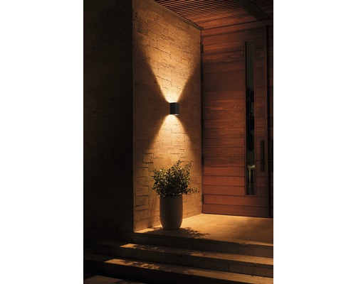 Außenansicht eines Hauses mit einer modernen Wandleuchte, die nach oben und unten strahlt, neben einer Holztür und einer Topfpflanze.