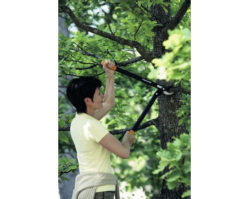 Eine Frau schneidet mit einer Astschere einen Baumast ab.