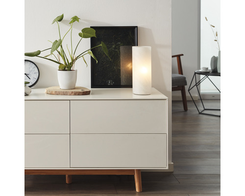 Wohnraum mit Kommode, Tischleuchte, Zimmerpflanze und Dekoration