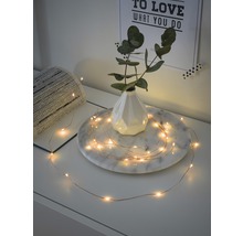 Dekorative Lichterkette auf einem Tisch mit Vase und Pflanze.