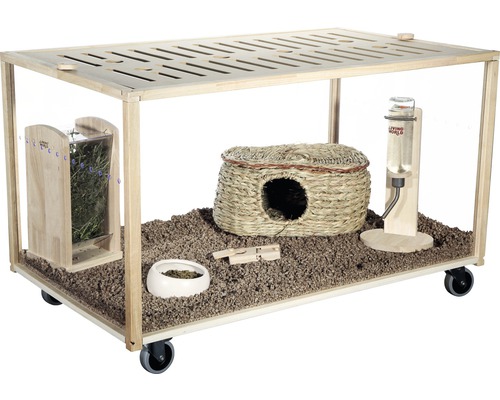 Kleintierstall mit Heuraufe, Trinkflasche, Häuschen und Futternapf