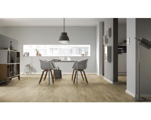 Heller Raum mit Holzboden, Esstisch und Regalen