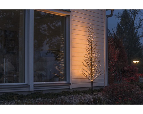Beleuchteter Deko-Baum vor einem Haus im Außenbereich.