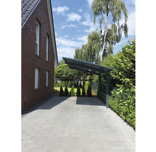 Einfahrt mit Pflastersteinen und Carport neben einem Backsteinhaus