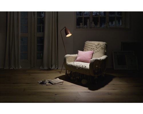 Wohnzimmer mit Sessel, Stehlampe und Holzboden