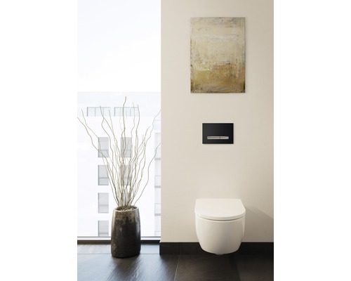 Modernes Badezimmer mit wandhängendem WC, Betätigungsplatte und Dekoration