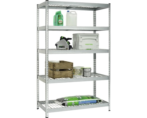 Regal mit Reinigungs- und Gartenprodukten, Werkzeug und Holzkisten