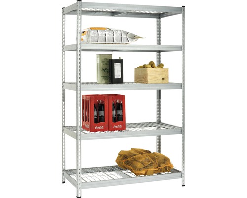 Metallregal mit fünf Ebenen und verschiedenen Artikeln