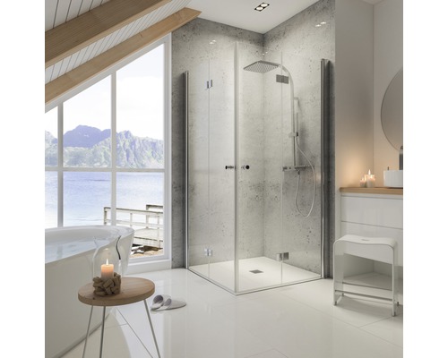 Badezimmer mit Duschkabine, Waschtisch, Badewanne und großem Fenster