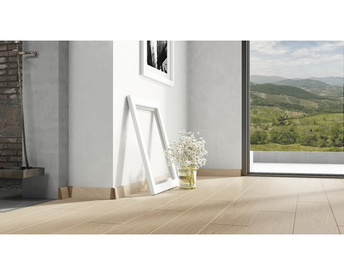 Heller Raum mit Parkettboden, Fußleisten und Blick auf eine Landschaft