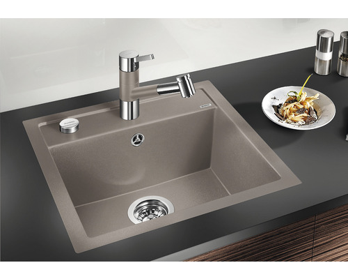 Spüle mit Armatur und Speiseresten auf einem Teller