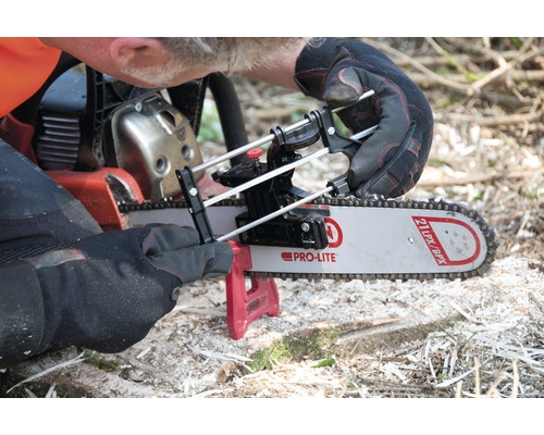 Person schärft Kettensäge mit Ketten-Schärfgerät