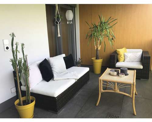 Terrasse mit Korbmöbeln, bestehend aus einem Sofa, einem Sessel und einem Tisch, sowie Pflanzen in Töpfen.