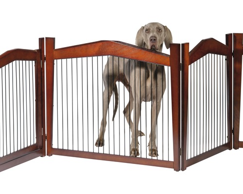 Hund hinter einem braunen, freistehenden Haustiergitter