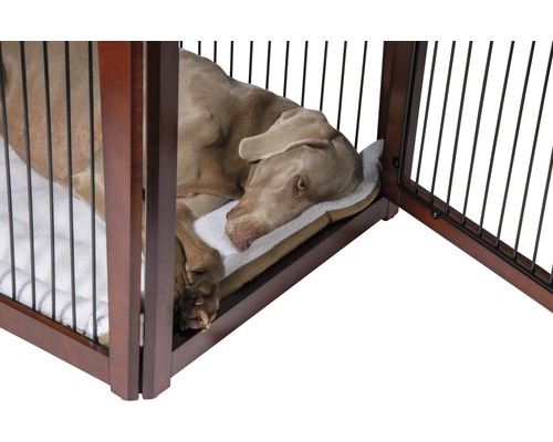 Hund liegt auf Kissen in einem braunen Hundekäfig aus Holz und Metall