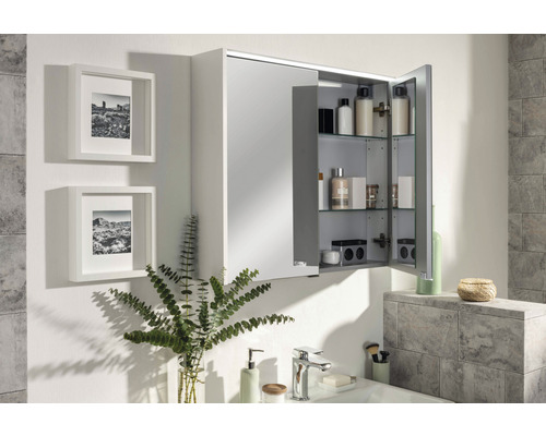 Modernes Badezimmer mit Spiegelschrank, Waschbecken und Dekoration