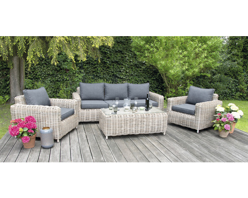 Loungeset Premium Luxur 5 -Sitzer bestehend aus: 2x Sessel, Sofa, Tisch und Sitzkissen Polyrattan Aluminium Grau