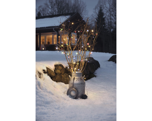 Dekorative Lichterkette mit Zweigen in einer Milchkanne im Schnee vor einem Haus
