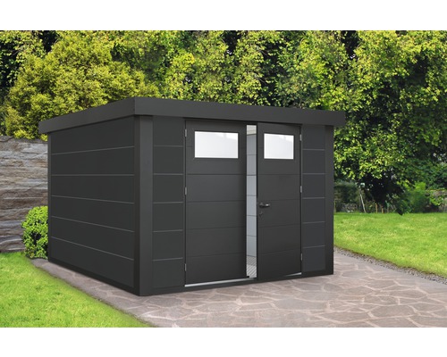 Gartenhaus Classico 2724 inkl. Regenrinne 288 x 258 cm granitgrau Metall Gerätehaus mit Doppeltür und Fenstern