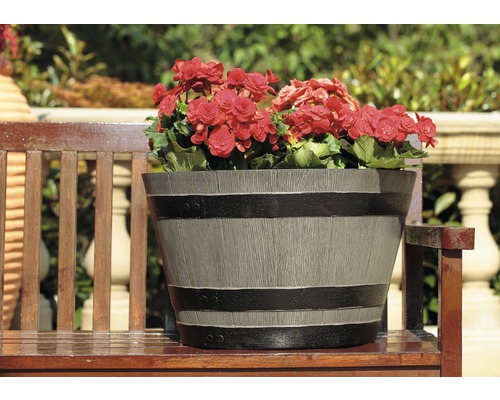 Blumentopf im Fassdesign mit roten Blumen auf einer Holzbank