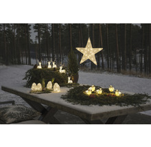 Weihnachtliche Tischdekoration mit Stern, Rehen und Vögeln, beleuchtet