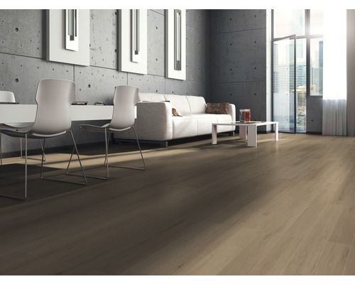 Heller Raum mit Bodenbelag in Holzoptik, Sofa, Tisch und Stühlen