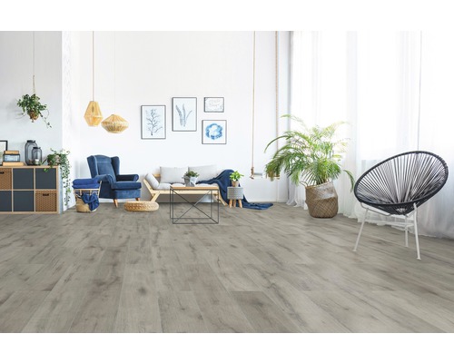 Heller Wohnraum mit Laminatboden, Sofa, Sessel und Dekorationen.